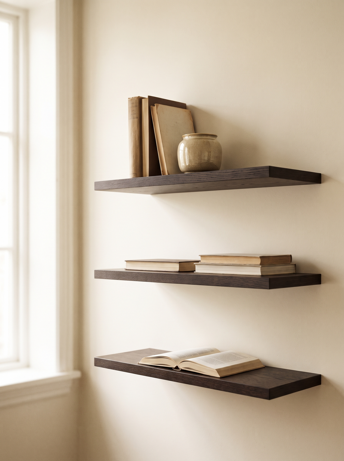 Dark oak floating wall shelves