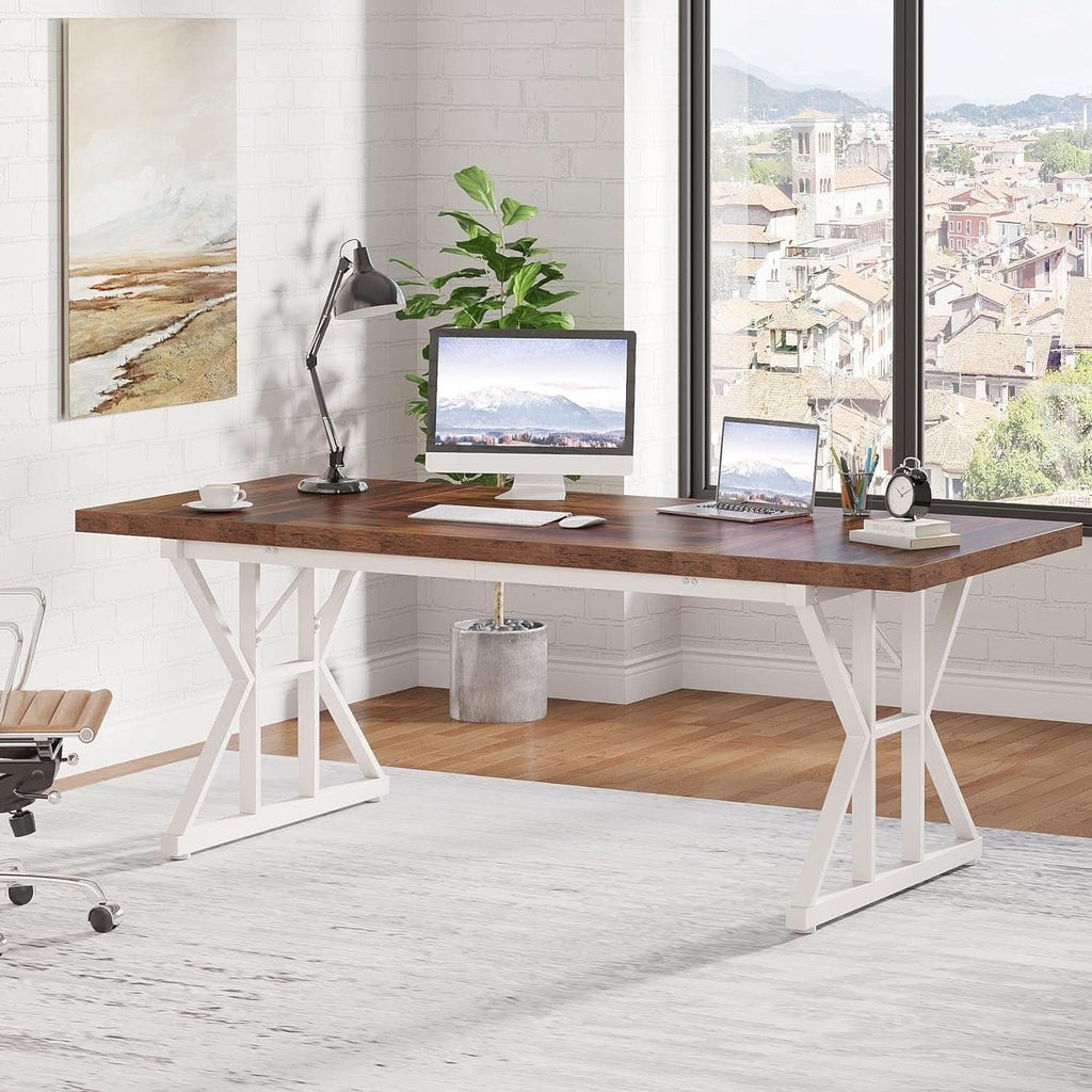 Executive desk with a brown top over a white base