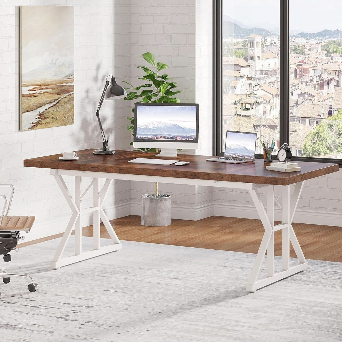 Executive desk with a brown top over a white base
