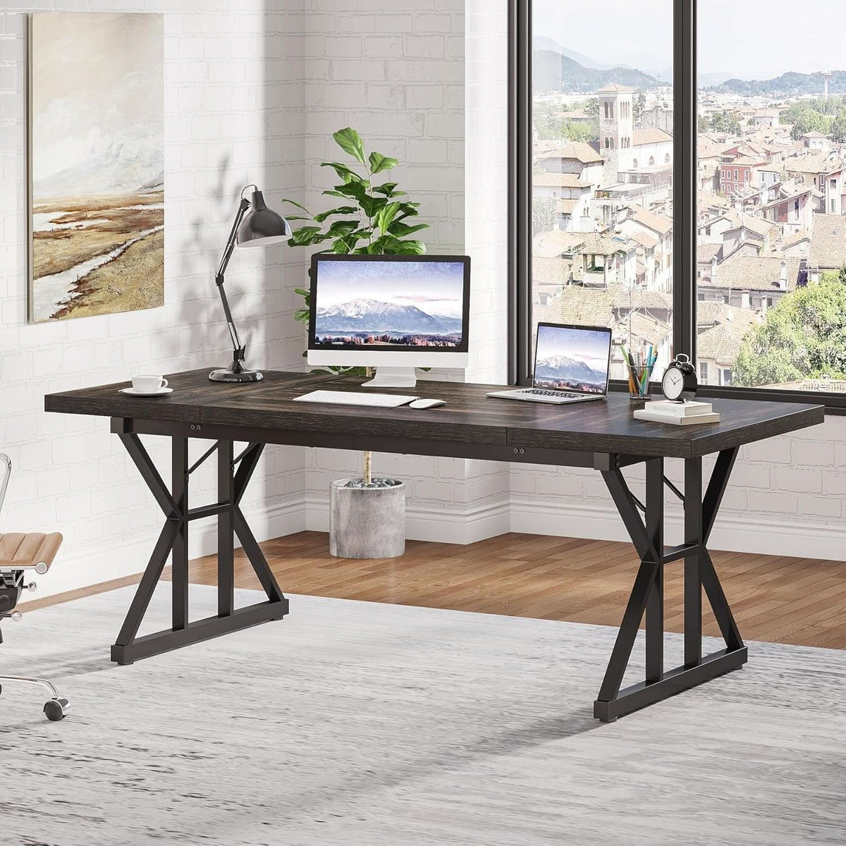 Black oak executive desk in a home office