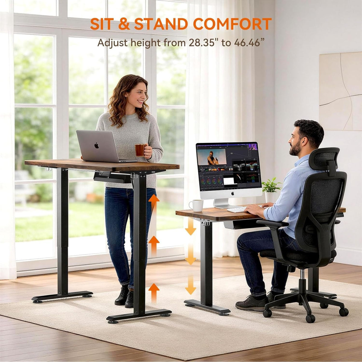 Brown height adjustable standing desk with cable management