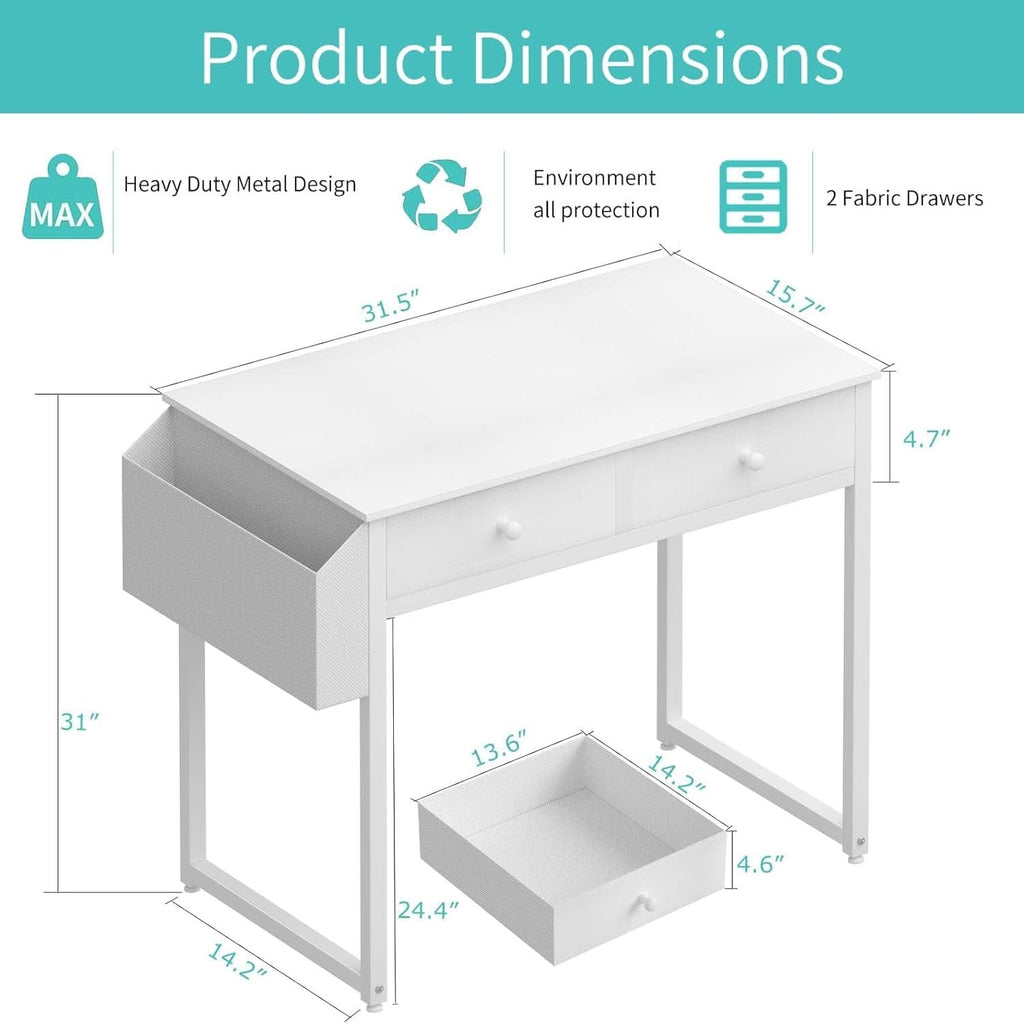 Compact white writing desk with a fabric storage drawer