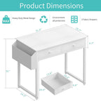 Compact white writing desk with a fabric storage drawer