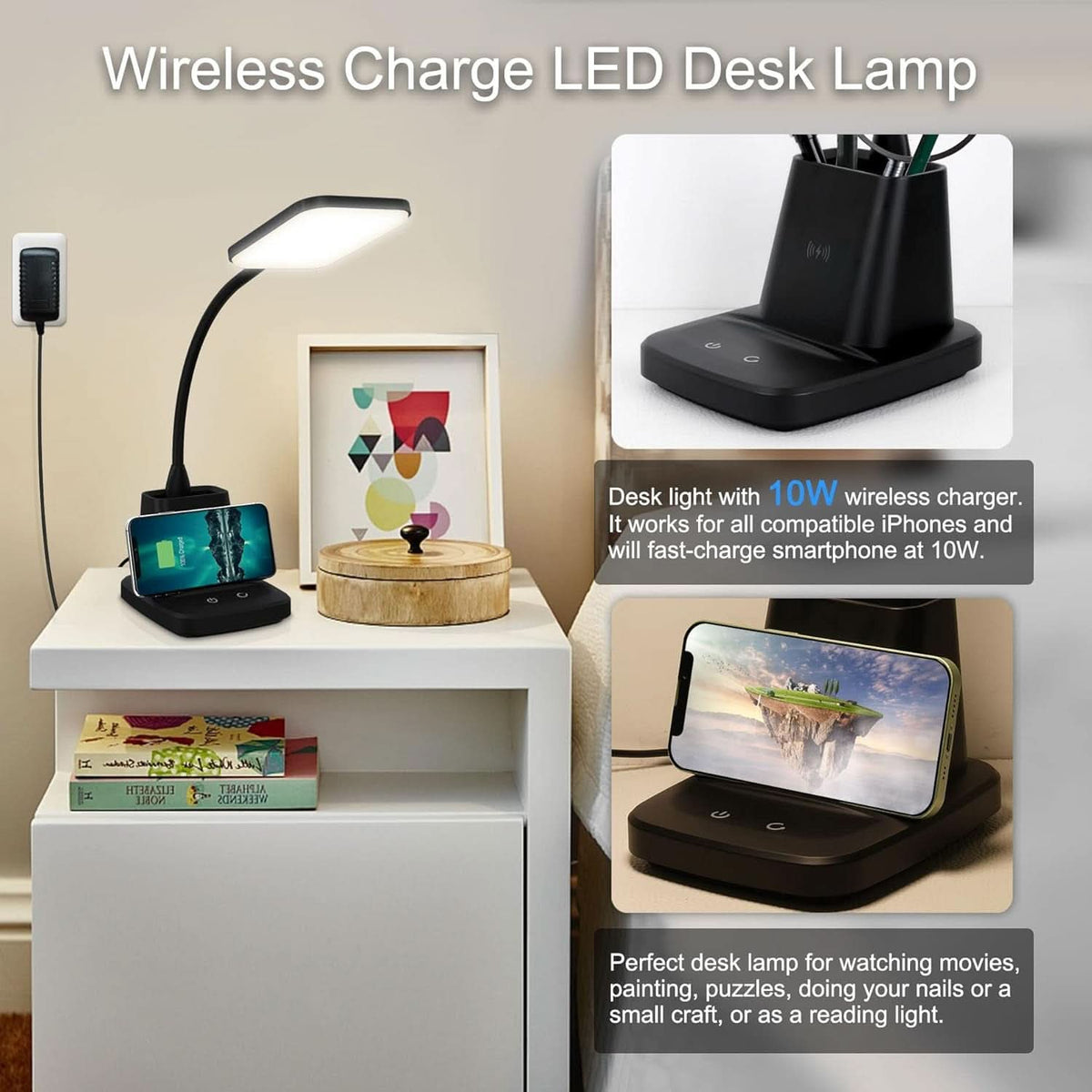 Black desk lamp with an integrated wireless charging pad and pen holder