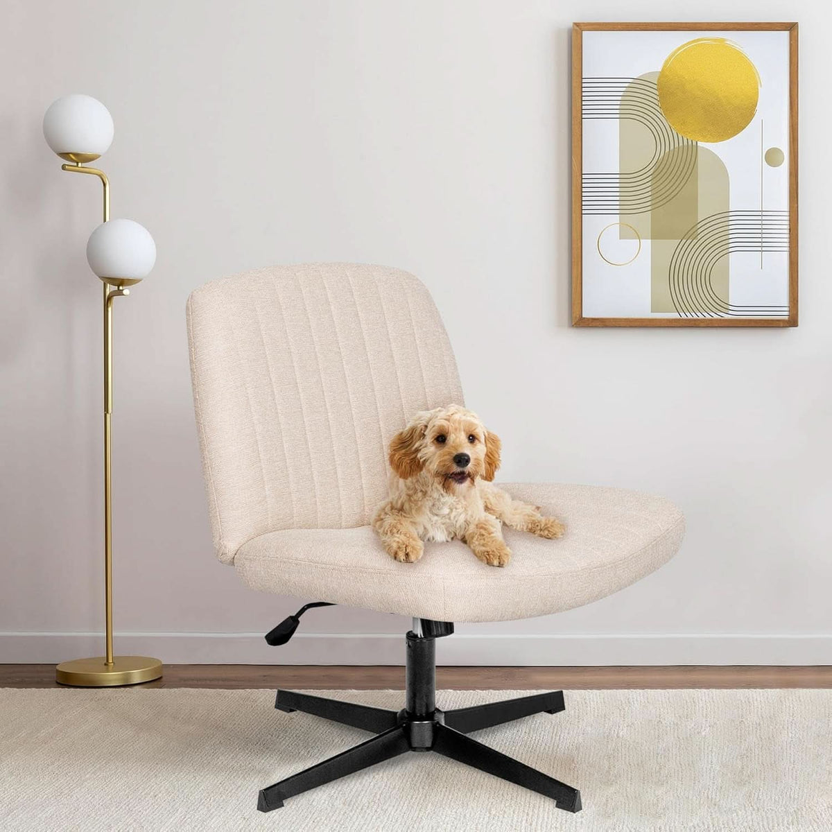 Beige fabric swivel desk chair with a wide padded seat