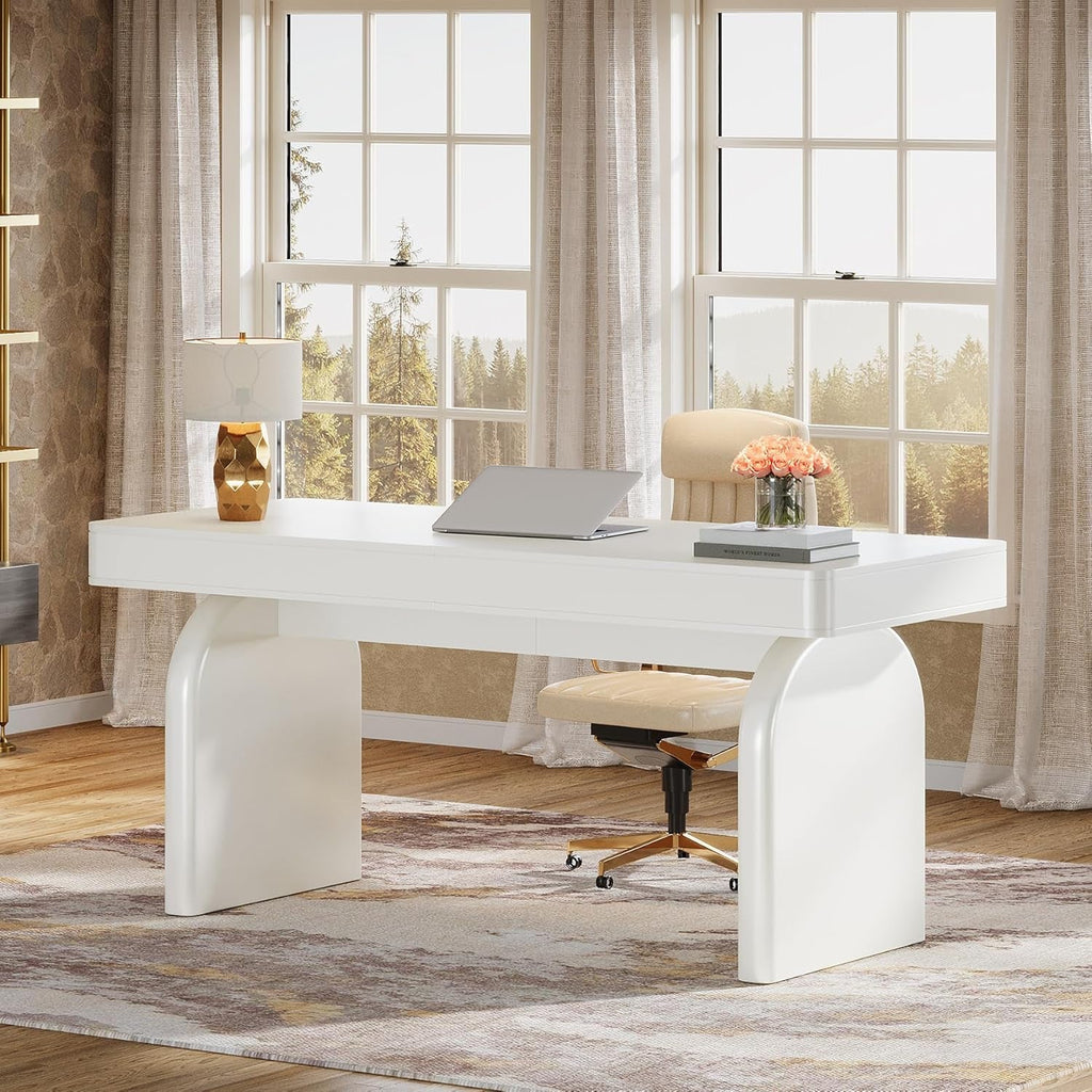 White executive desk with drawers along one side
