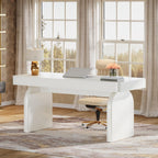 White executive desk with drawers along one side