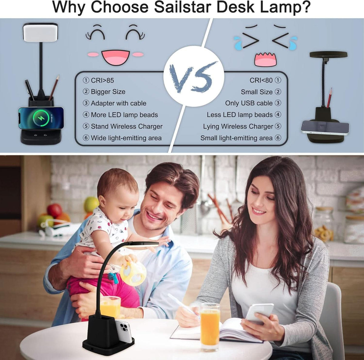 Black desk lamp with an integrated wireless charging pad and pen holder