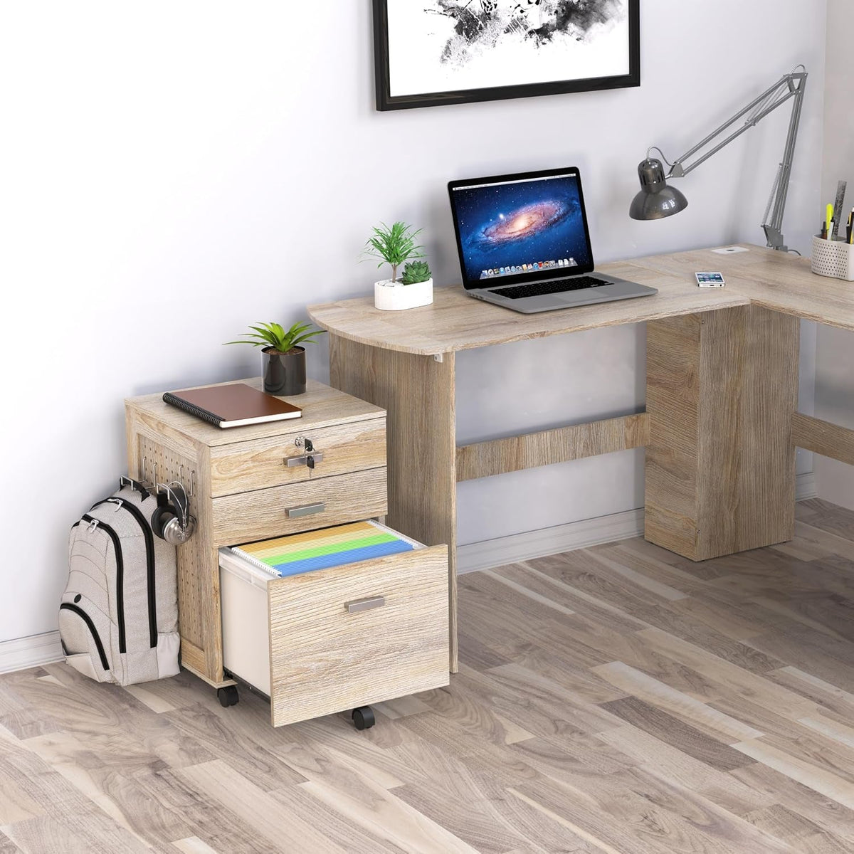 Spacious Maple Rolling Filing Cabinet With Pegboard-1
