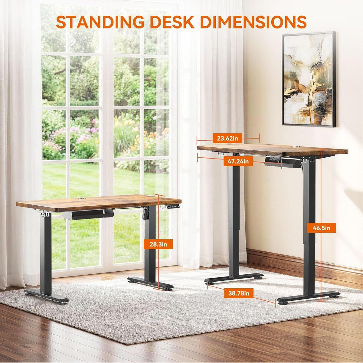 Brown height adjustable standing desk with cable management
