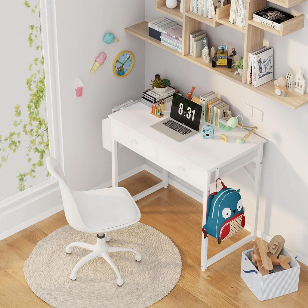 Compact white writing desk with a fabric storage drawer