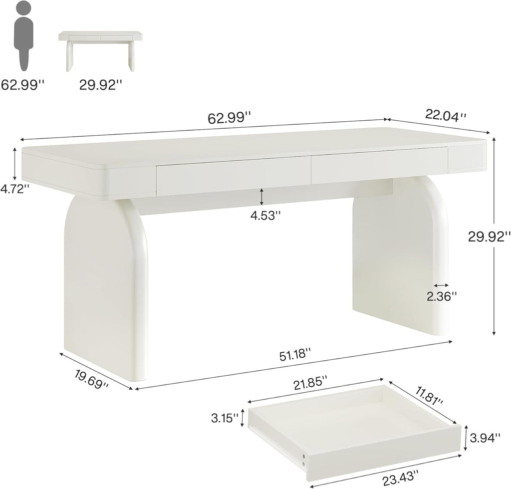White executive desk with drawers along one side