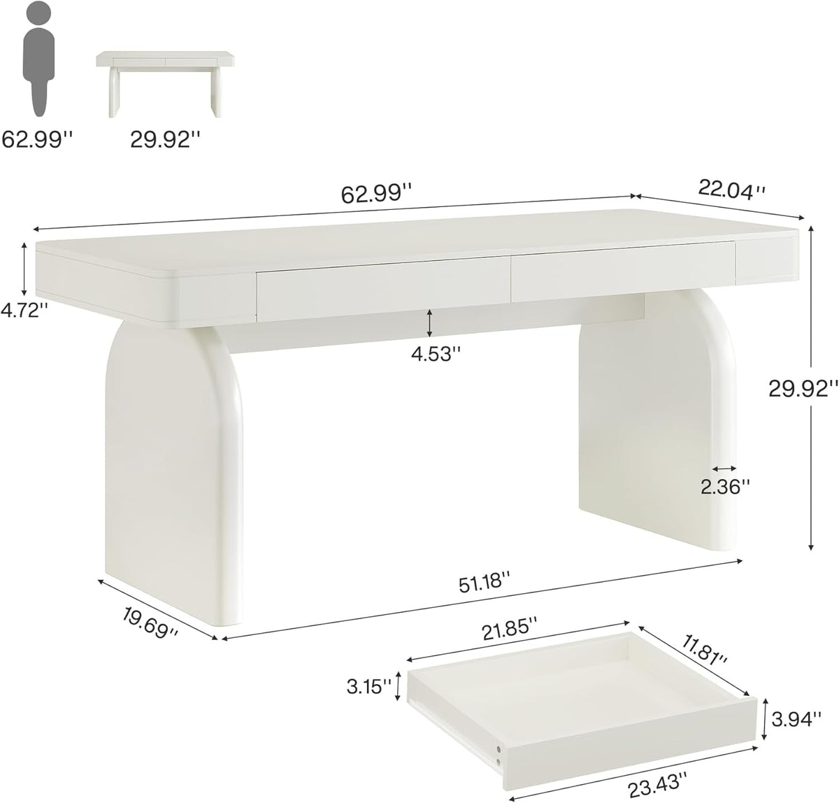 White executive desk with drawers along one side