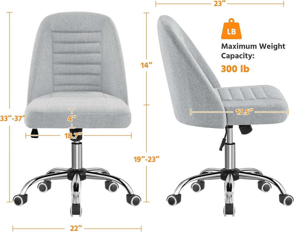Armless linen task chair on a rolling metal base