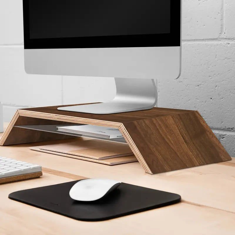 Black walnut monitor riser with storage underneath
