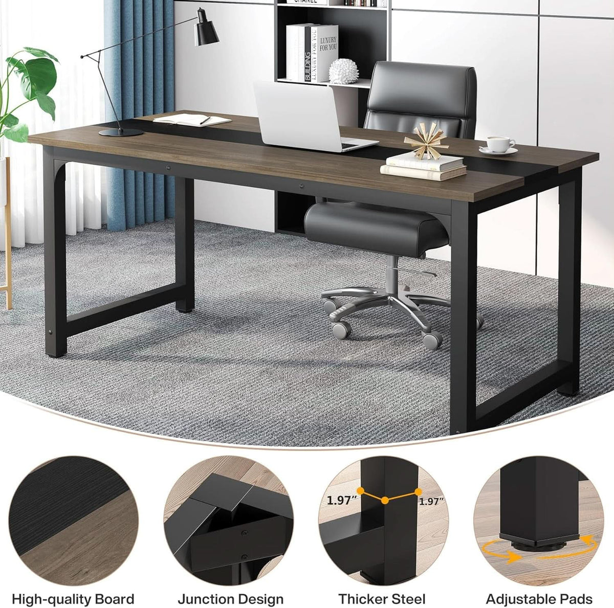 Vintage grey executive desk with a black steel frame
