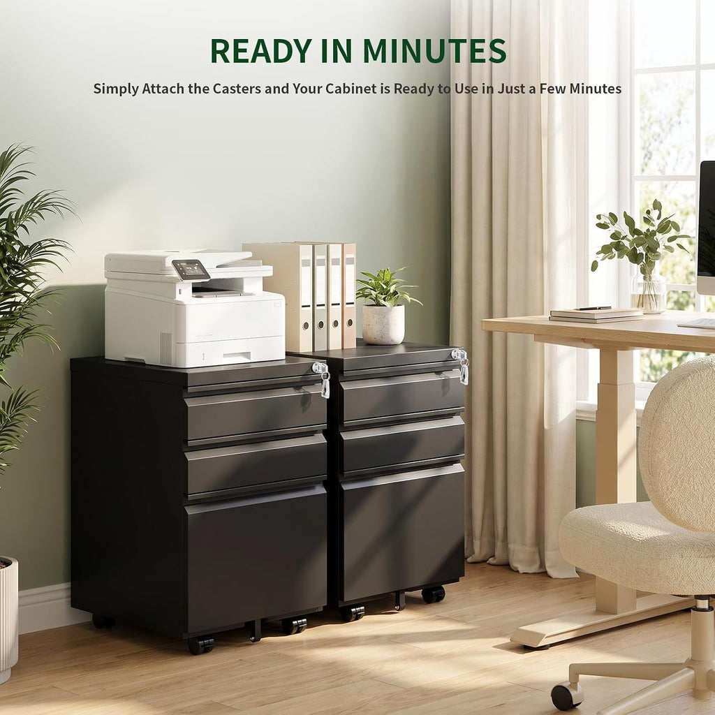 Lockable Three Drawer Rolling Metal Filing Cabinet-3