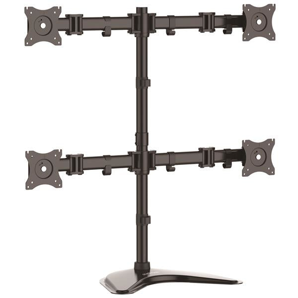 Articulating quad monitor stand in steel and aluminium holding four screens