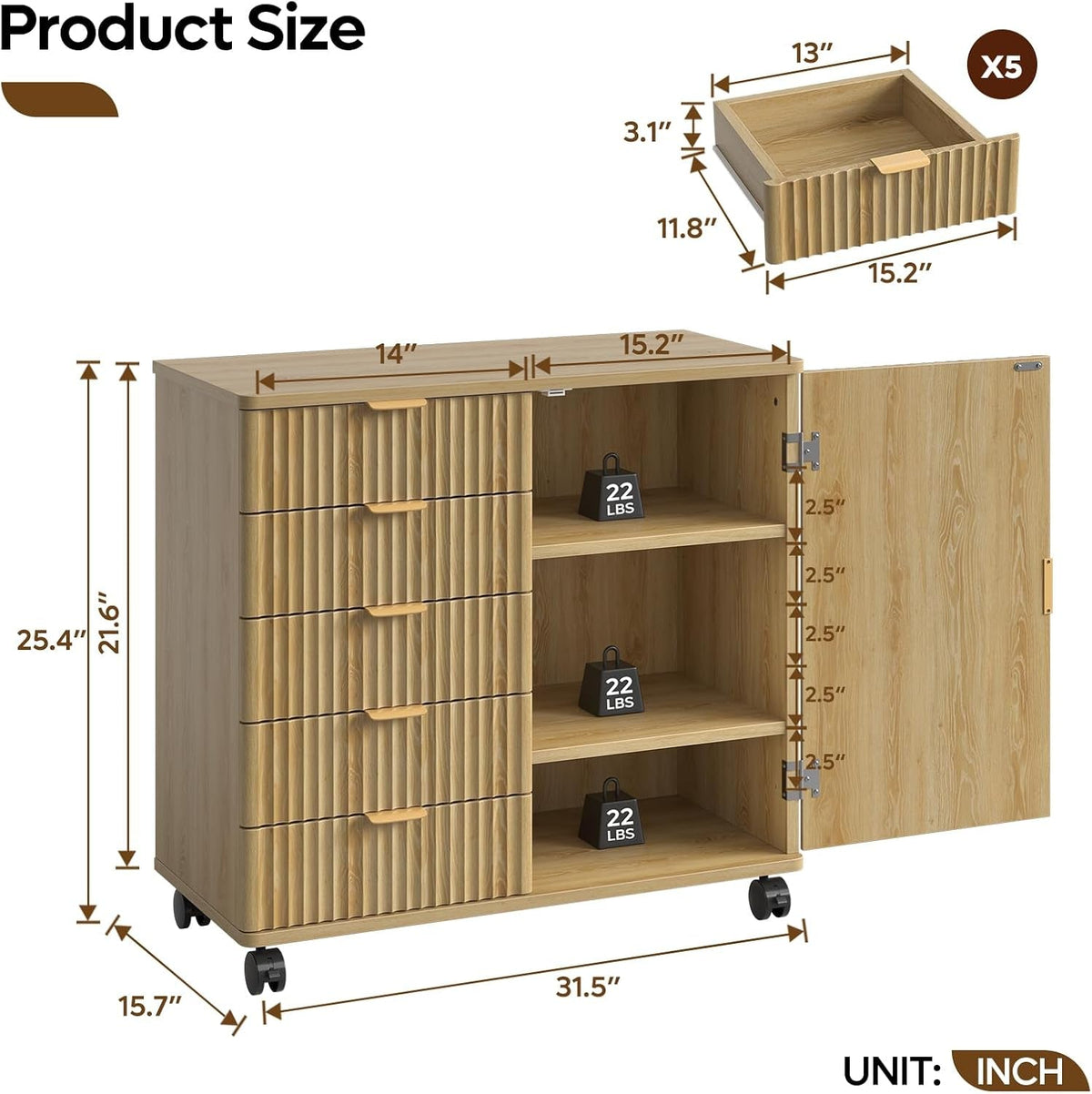 Five Drawer Oakwood Filing Cabinet Locking Casters-1