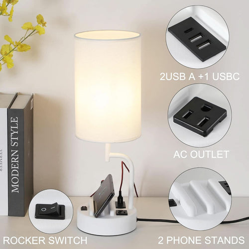 Table Lamp With 3 USB Ports White Finish For Home Office-1