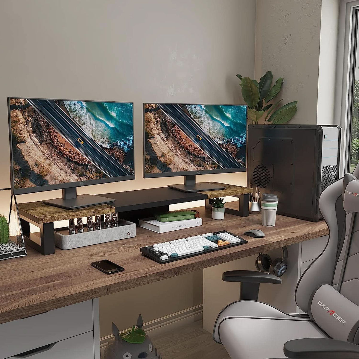 Dual monitor riser in wood and steel
