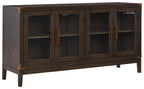 Dark brown office credenza with panelled cabinet doors