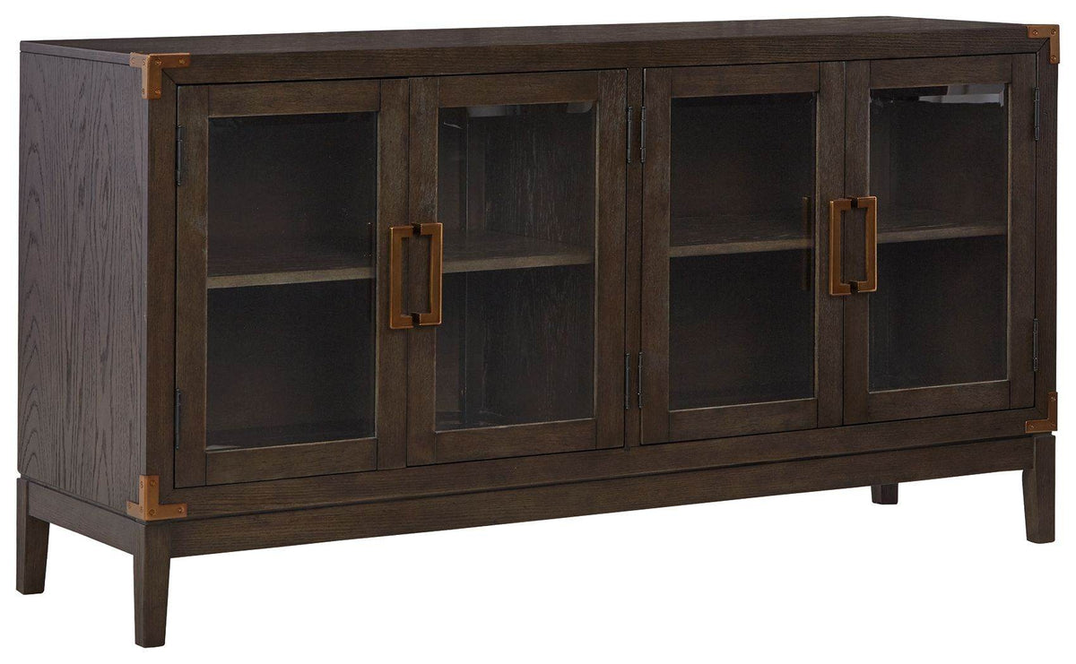 Dark brown office credenza with panelled cabinet doors