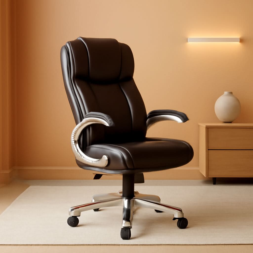 Two Brown Leather Executive Office Chairs Set With Adjustable Rolling-0