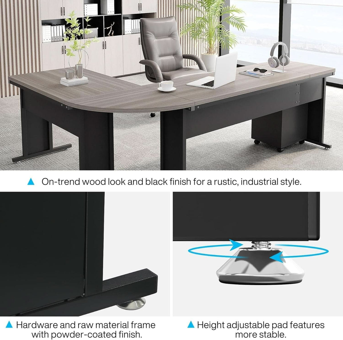 L shaped executive desk with a three drawer file cabinet