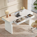 White executive desk with drawers along one side
