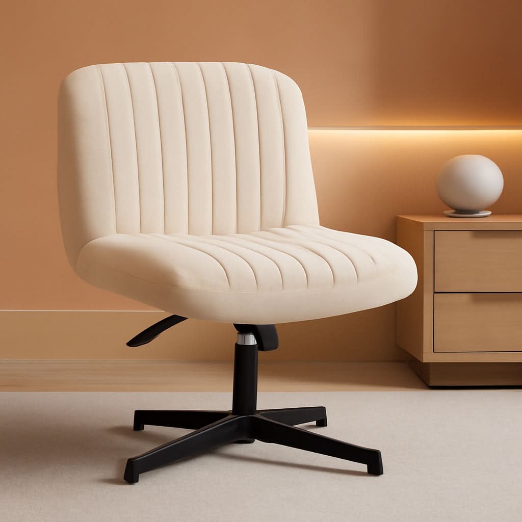Beige fabric swivel desk chair with a wide padded seat
