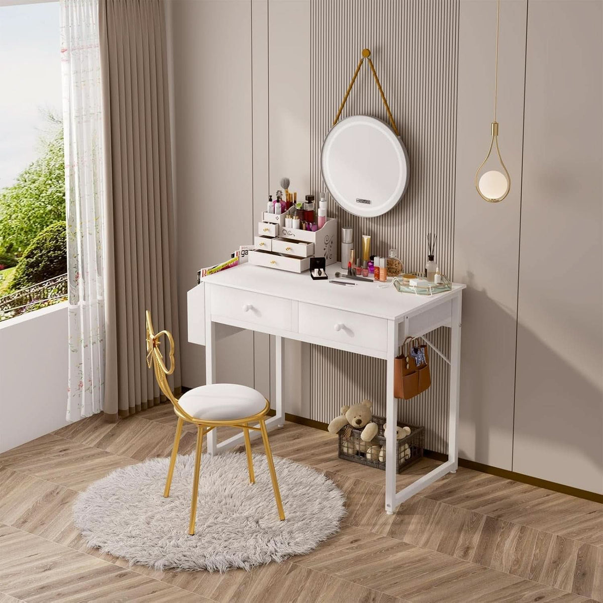 Compact white writing desk with a fabric storage drawer
