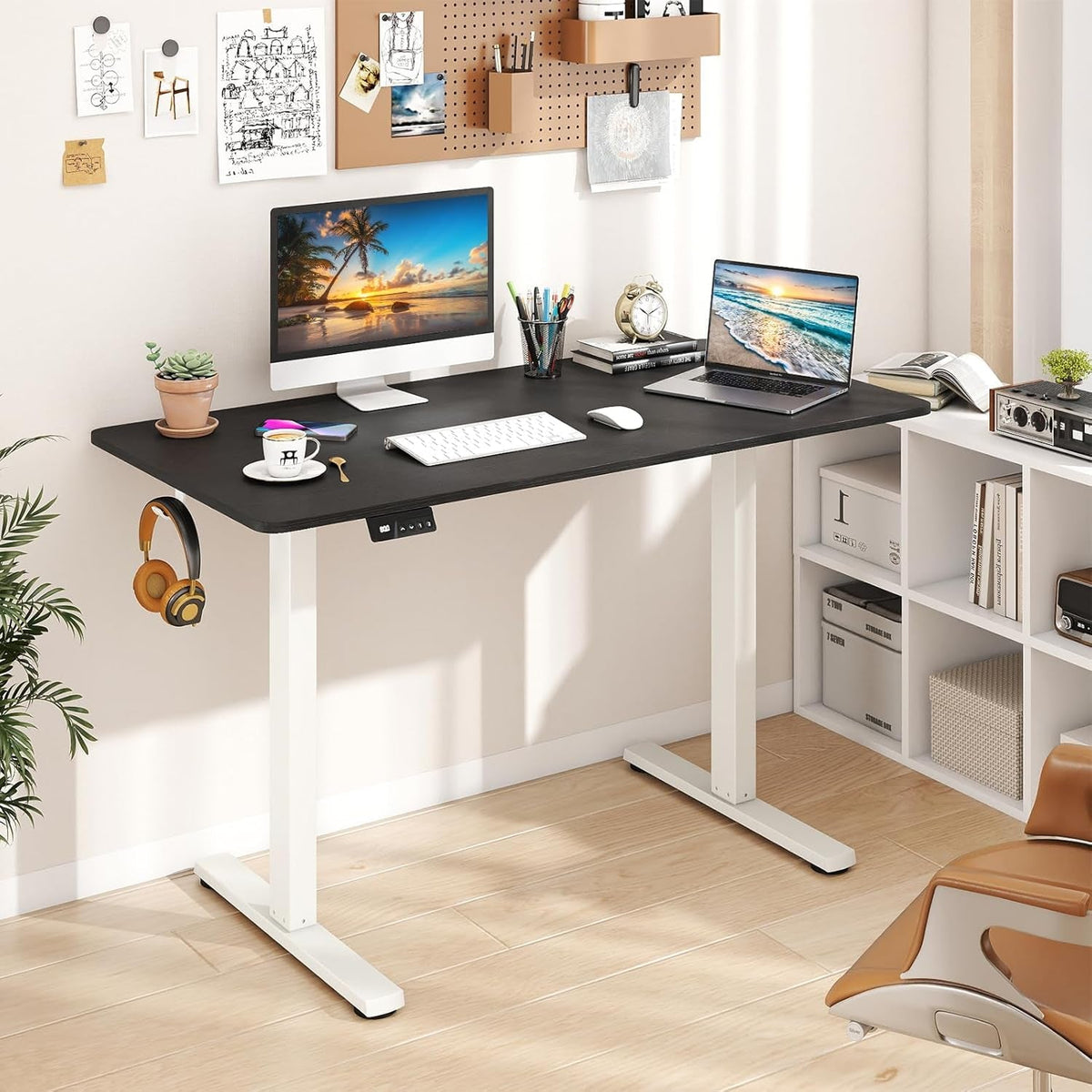 Electric standing desk raised to standing height