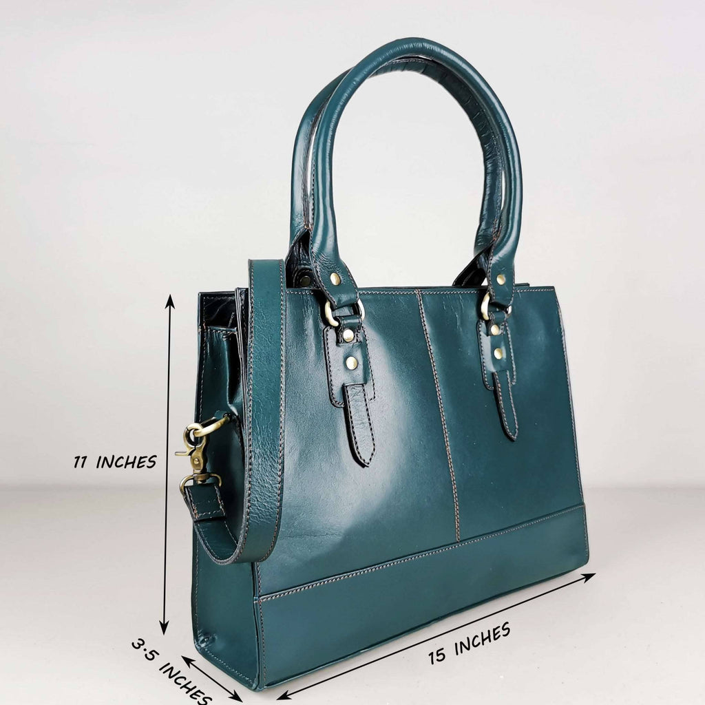 Bottle green leather laptop bag for a 15 inch machine