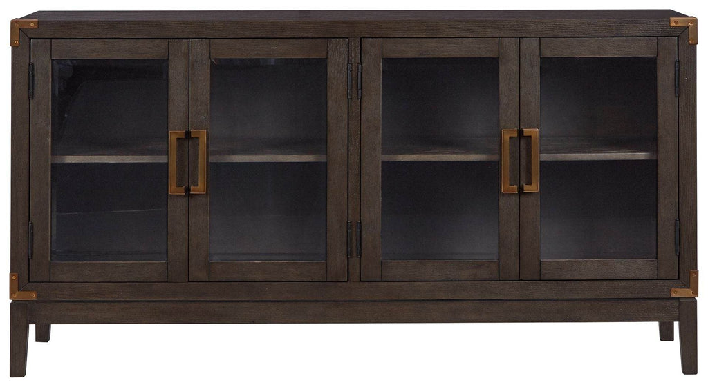 Dark brown office credenza with panelled cabinet doors