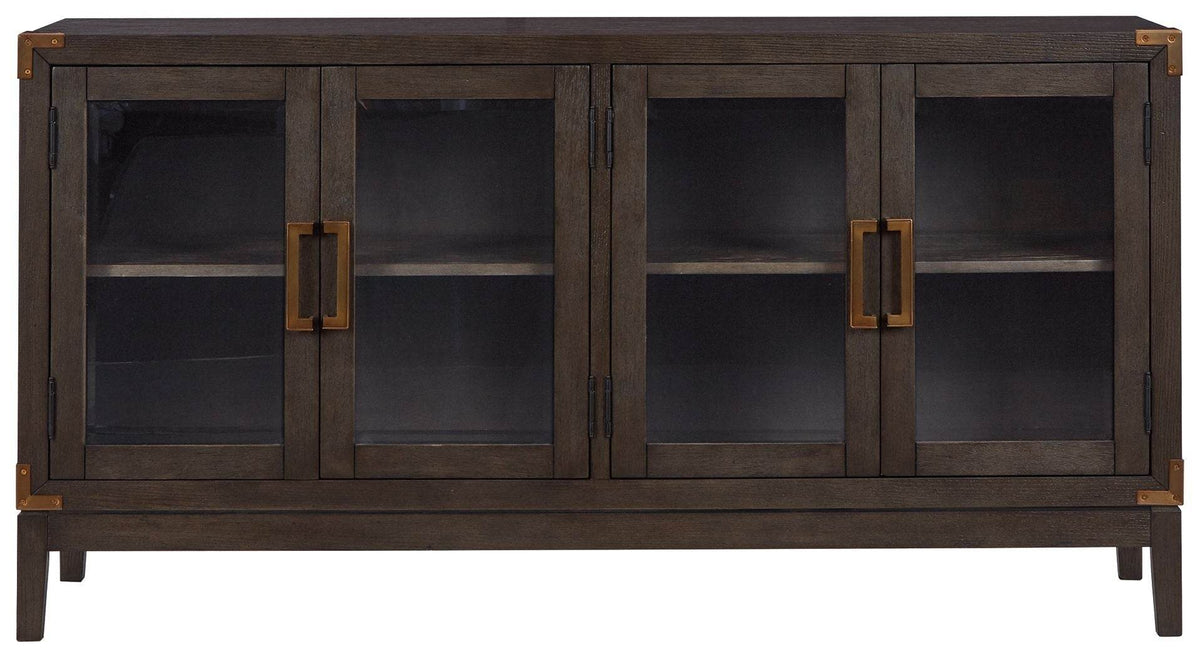 Dark brown office credenza with panelled cabinet doors