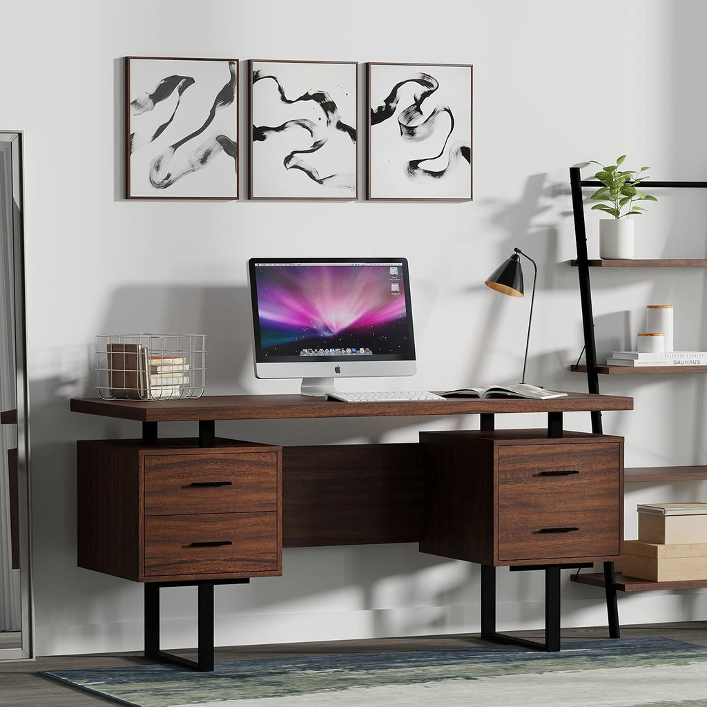 Walnut desk top on a black steel base