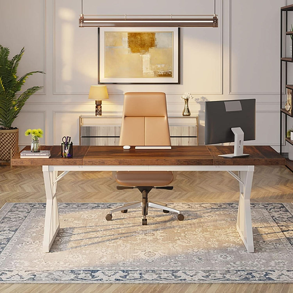 Executive desk with a brown top over a white base