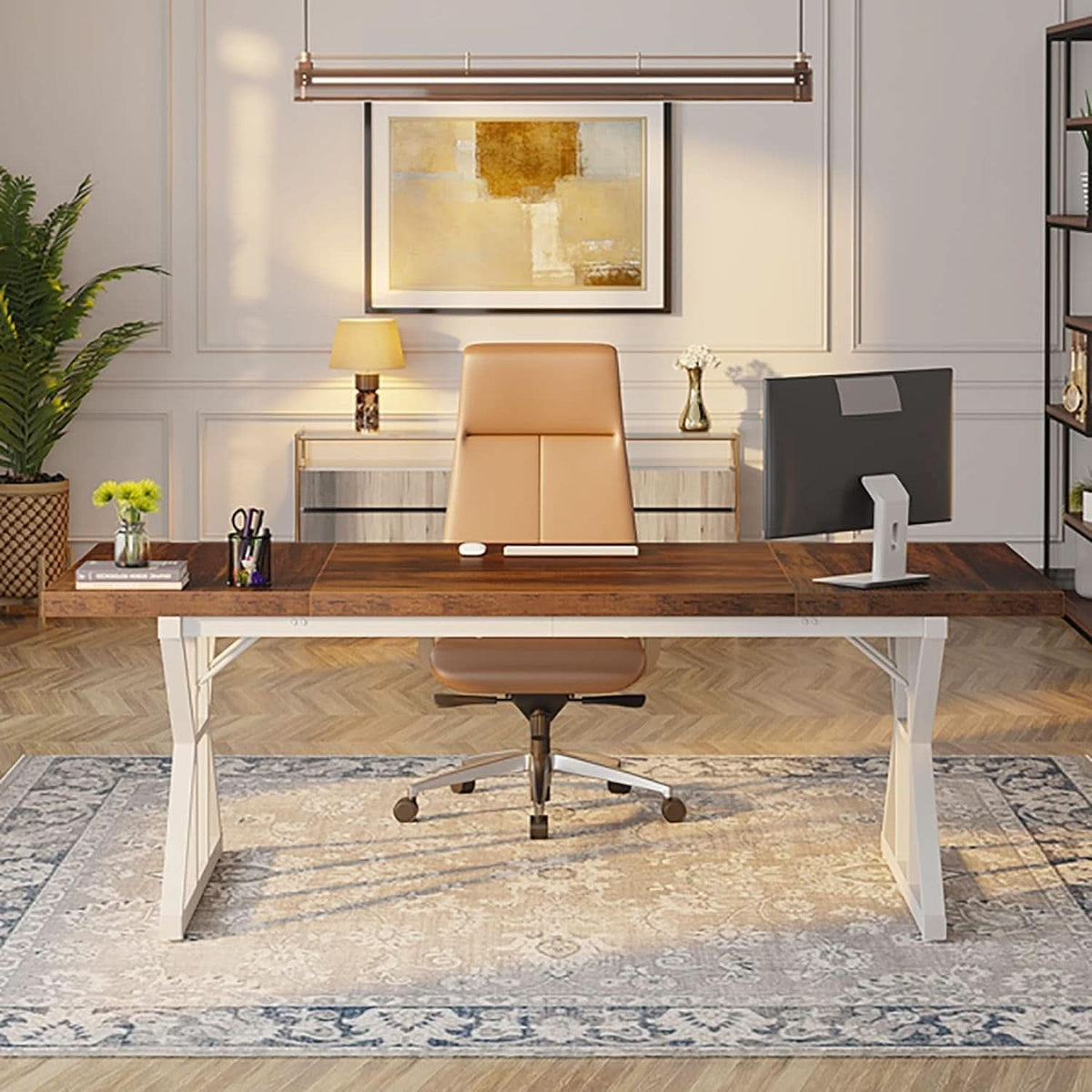 Executive desk with a brown top over a white base