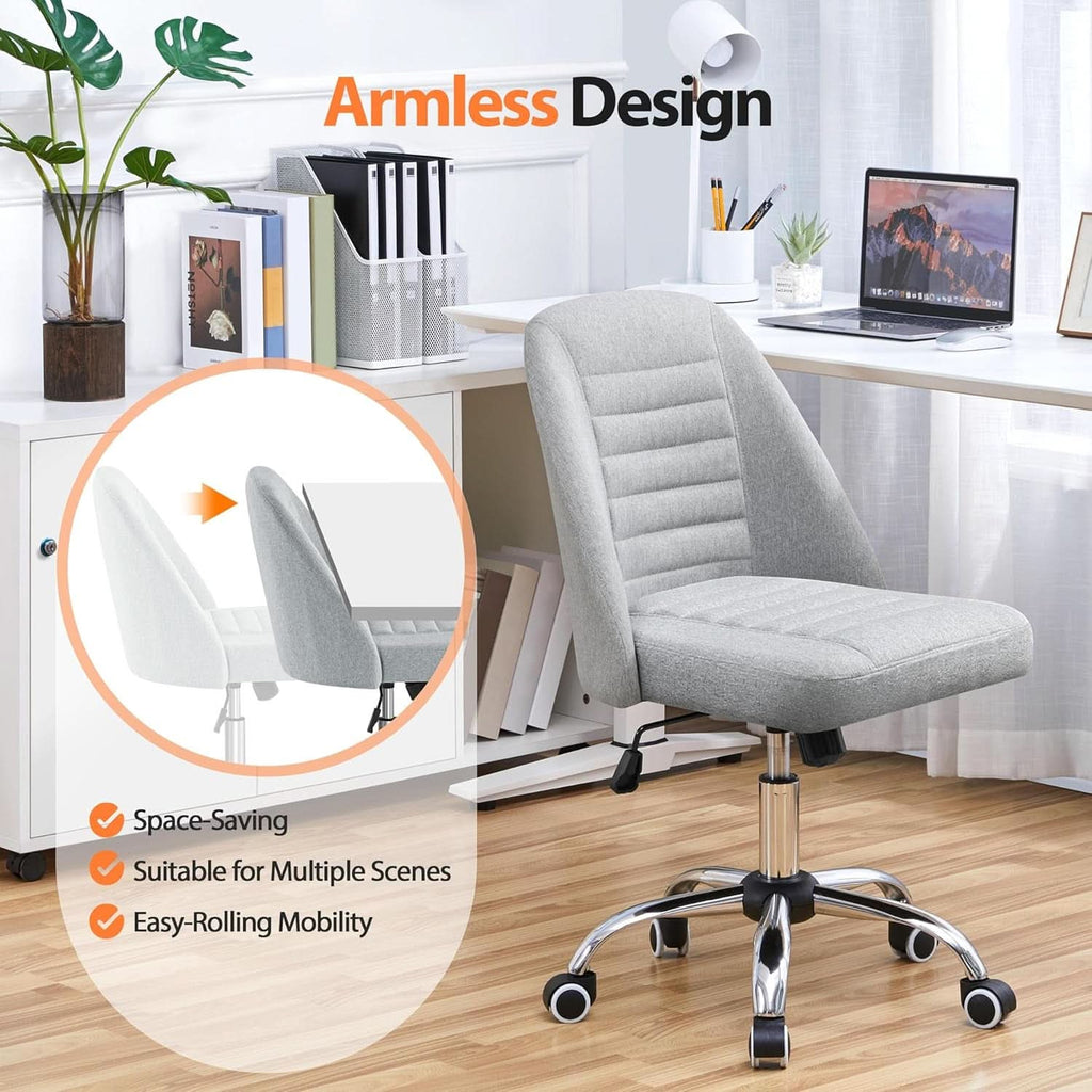 Armless linen task chair on a rolling metal base