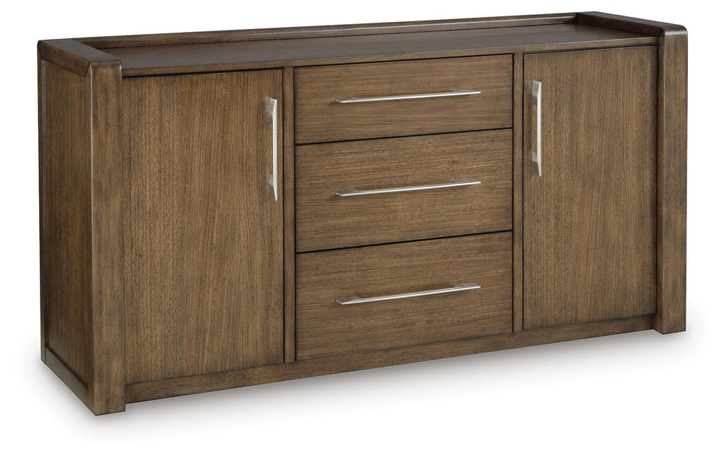 Wide brown office credenza with closed storage