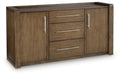 Wide brown office credenza with closed storage