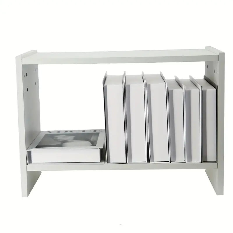 Wooden bookshelf sized to sit on a desk