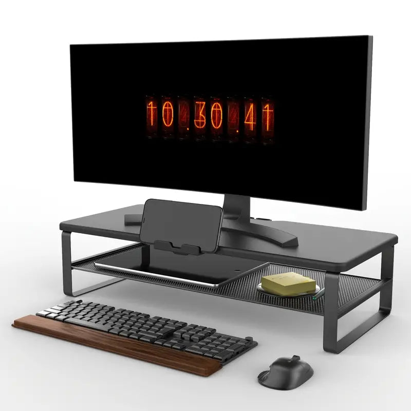 Two tier monitor riser with a drawer built into the base