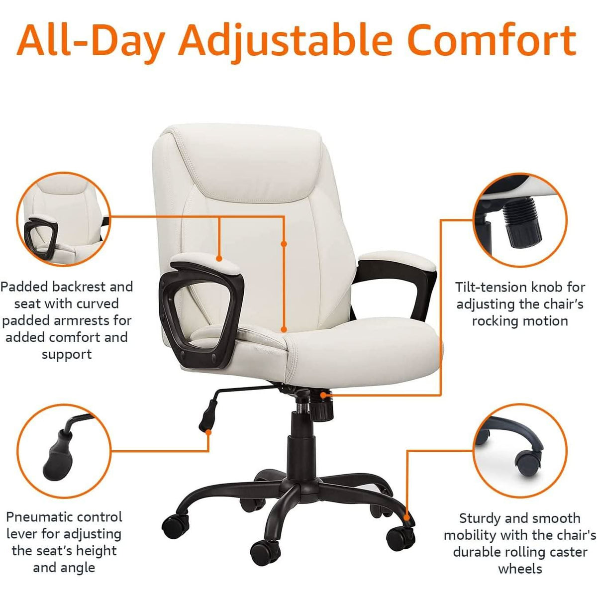 Cream Padded Office Chair Armrests Height Adjustable-4