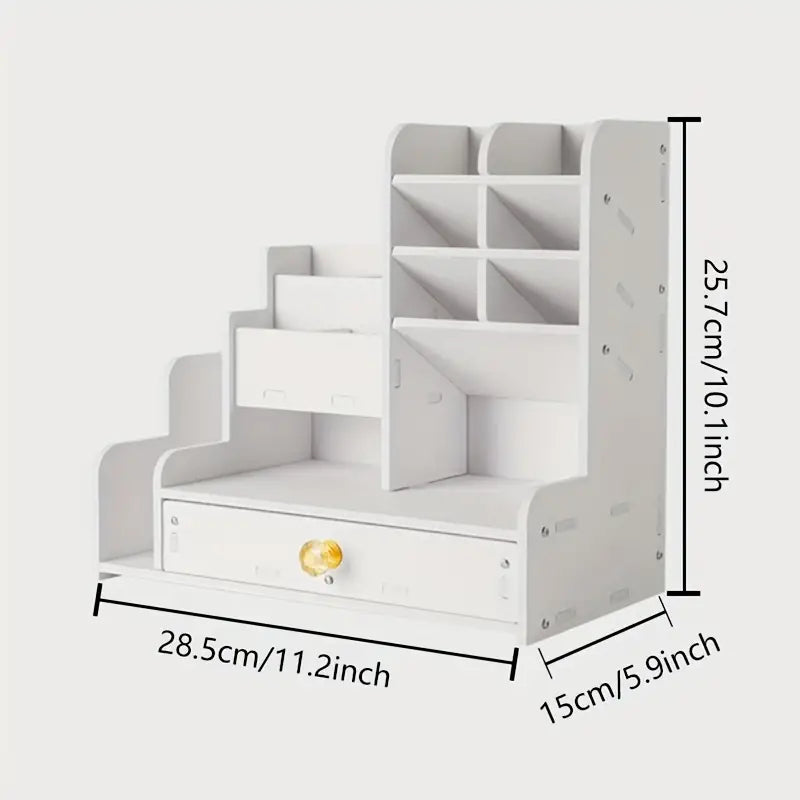 Compact study desk in white with built in storage shelves