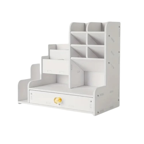 Compact study desk in white with built in storage shelves