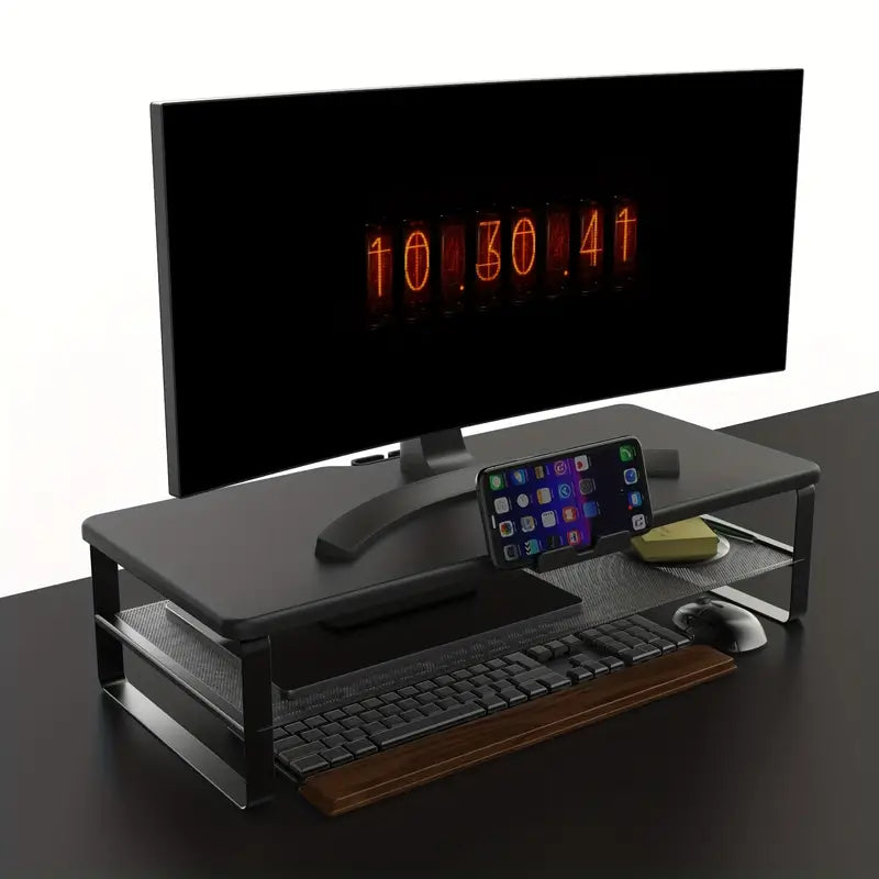 Two tier monitor riser with a drawer built into the base