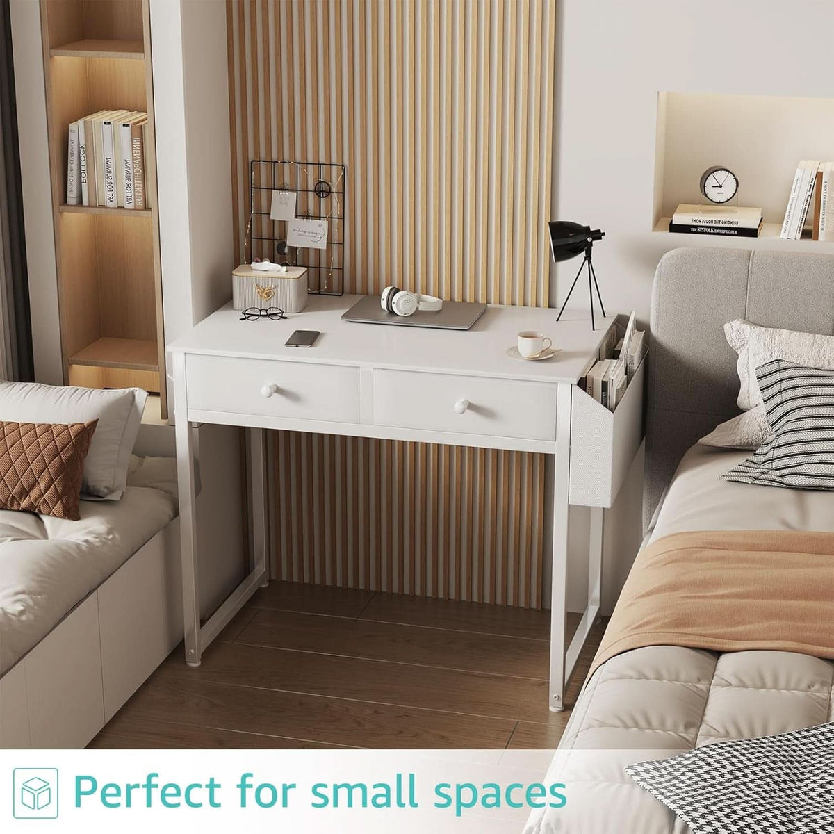 Compact white writing desk with a fabric storage drawer