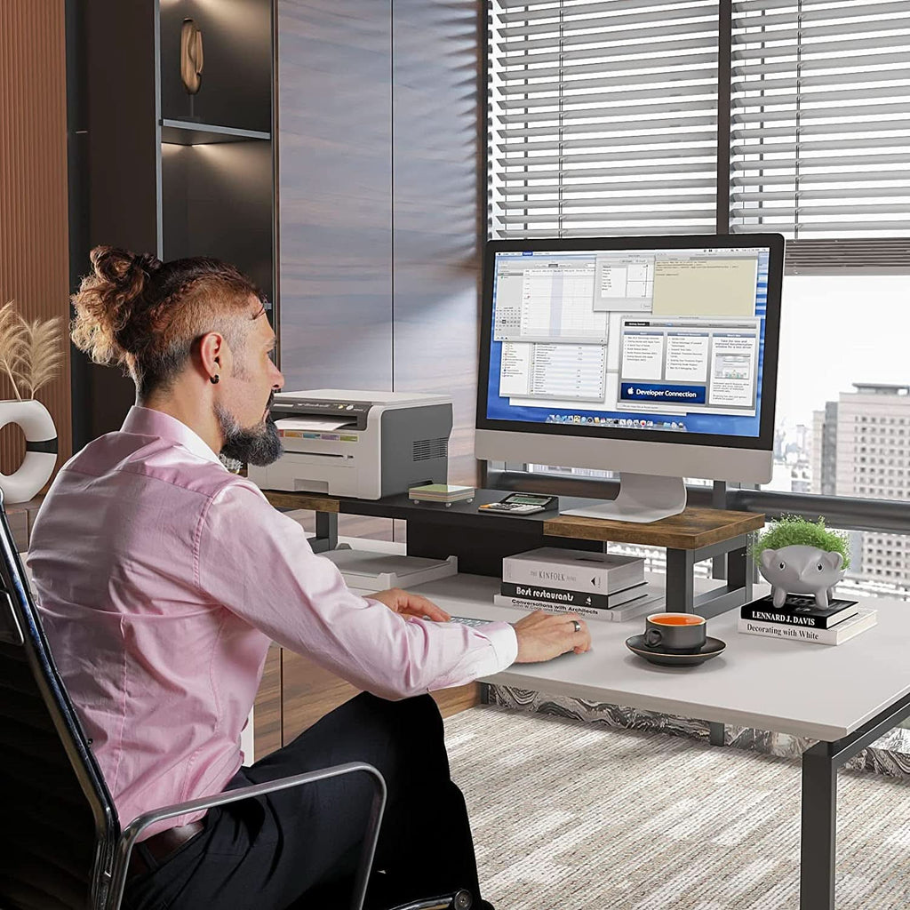 Dual monitor riser in wood and steel